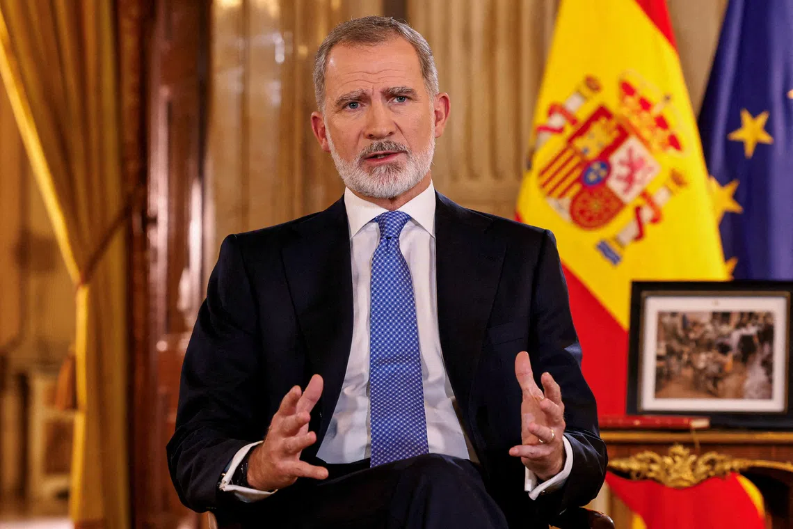 Spain's King Felipe VI delivers his traditional Christmas address at Zarzuela Palace in Madrid, Spain December 24, 2024. Ballesteros/Pool via REUTERS