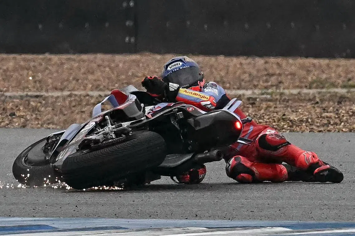 Gresini Racing MotoGP's Spanish rider, Marc Marquez crashing during the MotoGP Thailand Grand Prix, at the Buriram International Circuit in Buriram, on Oct 27, 2024. 
