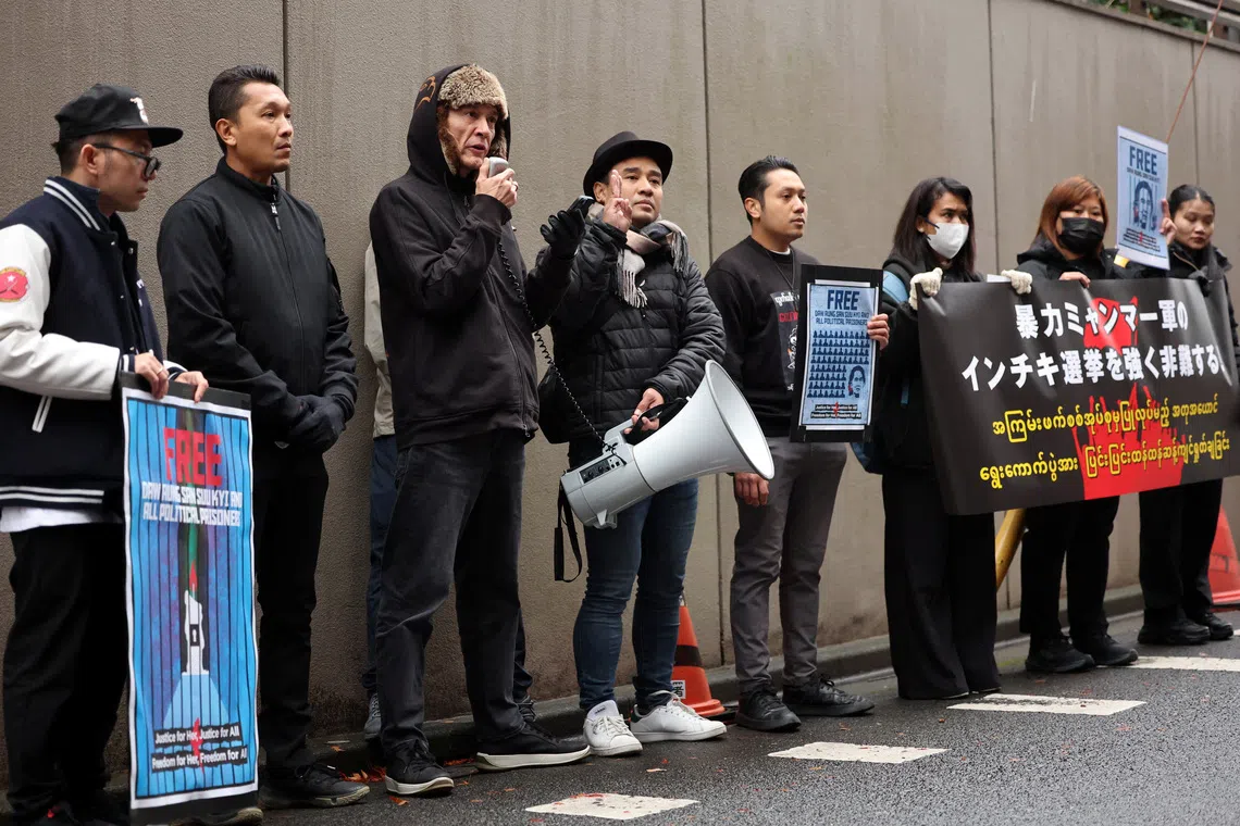 Kim Aris, the son of Aung San Suu Kyi, delivers a speech during a protest rally organized by Myanmar people residing in Japan denouncing an upcoming election led by the military junta and demanding the immediate release of Myanmar's detained former leader Aung San Suu Kyi and all political prisoners, outside Myanmar's embassy in Tokyo, Japan, December 14, 2025. REUTERS/Issei Kato