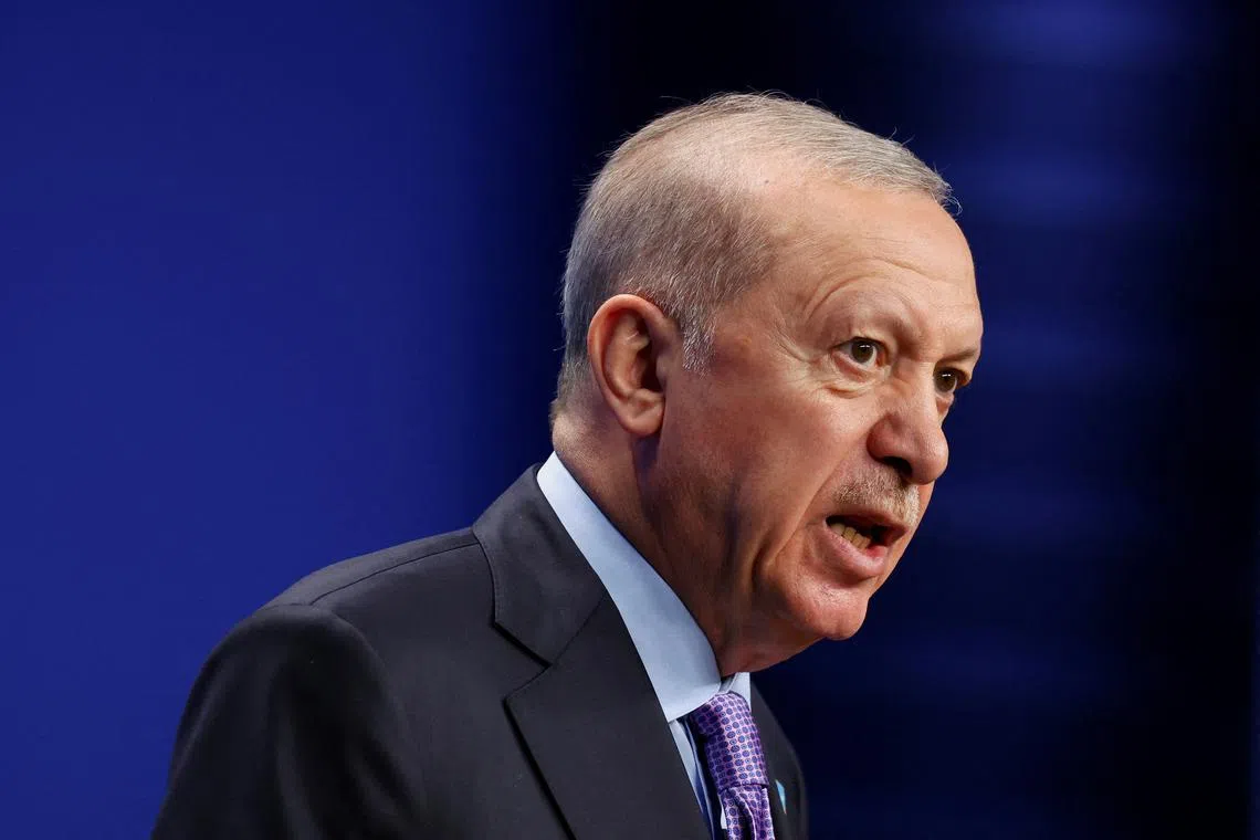 FILE PHOTO: Turkey's President Tayyip Erdogan speaks during a press conference at the NATO summit in The Hague, Netherlands June 25, 2025. REUTERS/Piroschka Van De Wouw/File Photo