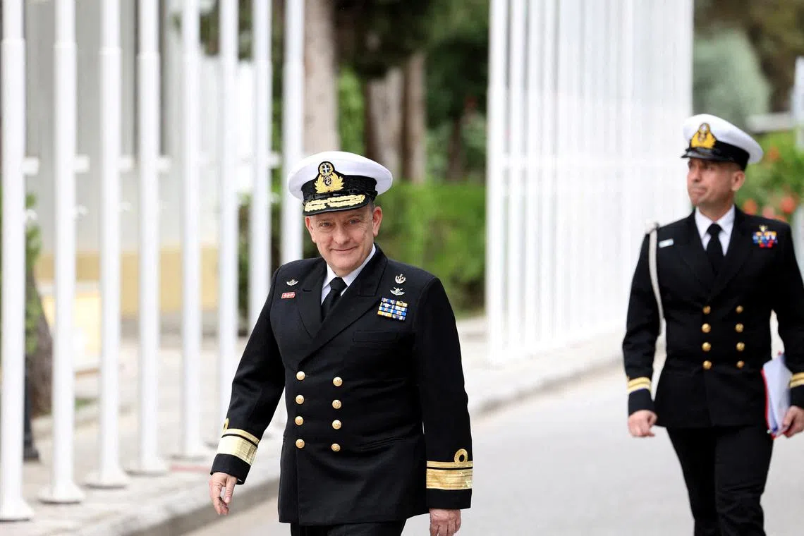 FILE PHOTO: Rear Admiral Vasileios Gryparis walks at the European Union's naval mission \"Aspides\" headquarters in Larissa, Greece, April 16, 2024. REUTERS/Alexandros Avramidis/File Photo
