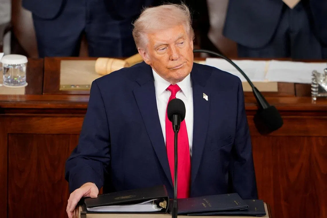 U.S. President Donald Trump looks on as he delivers the State of the Union address in the House Chamber of the U.S. Capitol in Washington, D.C., U.S., February 24, 2026.  REUTERS/NATHAN HOWARD