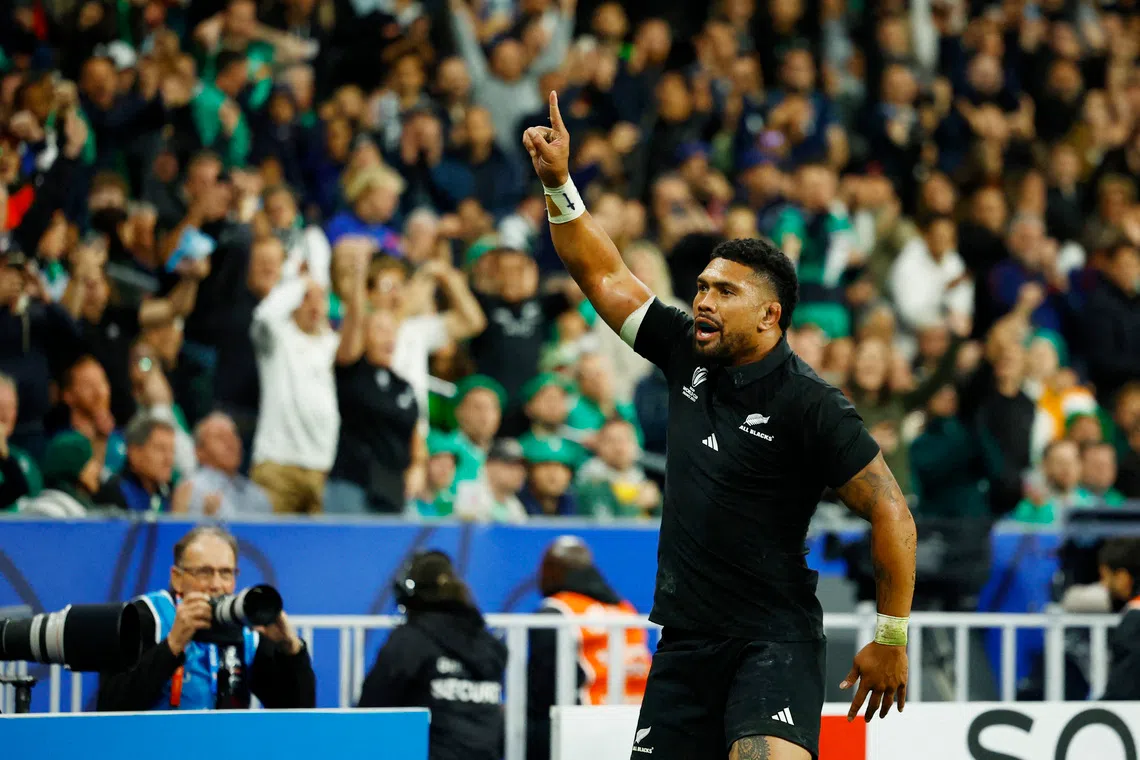 Rugby Union - Rugby World Cup 2023 - Quarter Final - Ireland v New Zealand - Stade de France, Saint-Denis, France - October 14, 2023 New Zealand's Ardie Savea celebrates scoring their second try REUTERS/Sarah Meyssonnier