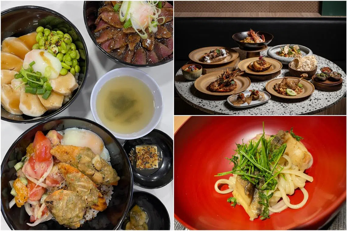 (Clockwise from left) Dishes from Fukudon, Asian Salt & Palm's ala carte dishes and himi udon from Ikkagoyo.