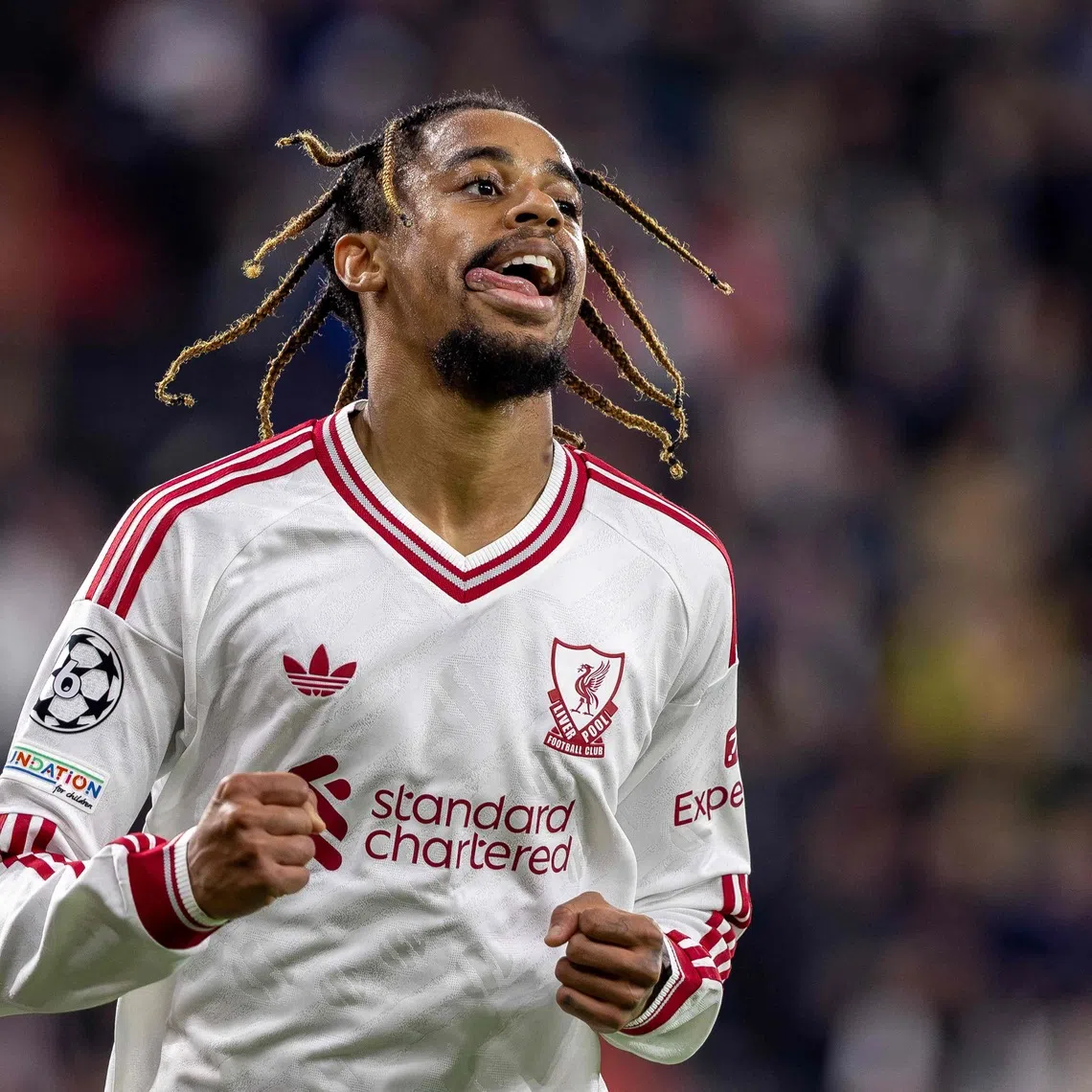 Liverpool’s French midfielder Bradley Barcola celebrates scoring their third goal against LASK during the UEFA Champions League match on Oct 14.