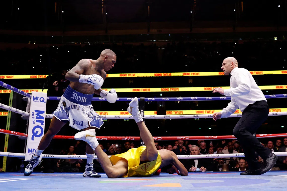 Conor Benn vanquishes Chris Eubank Jr during their middleweight fight.