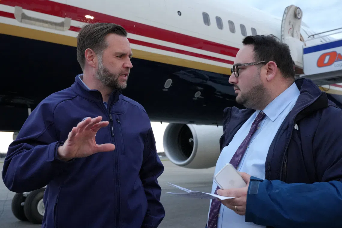 US Vice President JD Vance is interviewed by Reuters reporter Jacob Bogage before a campaign rally at Fairbanks International Airport in Fairbanks, Alaska, US, October 5, 2026.     Jacquelyn Martin/Pool via REUTERS