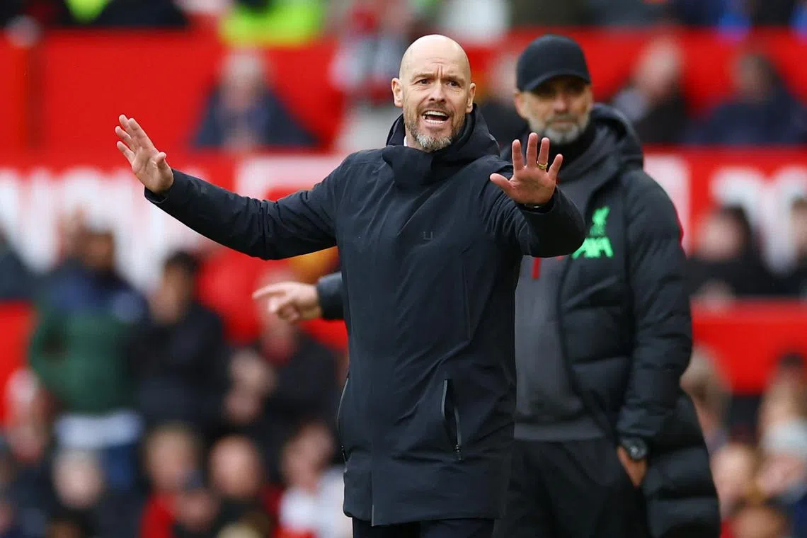 Soccer Football - Premier League - Manchester United v Liverpool - Old Trafford, Manchester, Britain - April 7, 2024  Manchester United manager Erik ten Hag reacts REUTERS/Carl Recine/File Photo