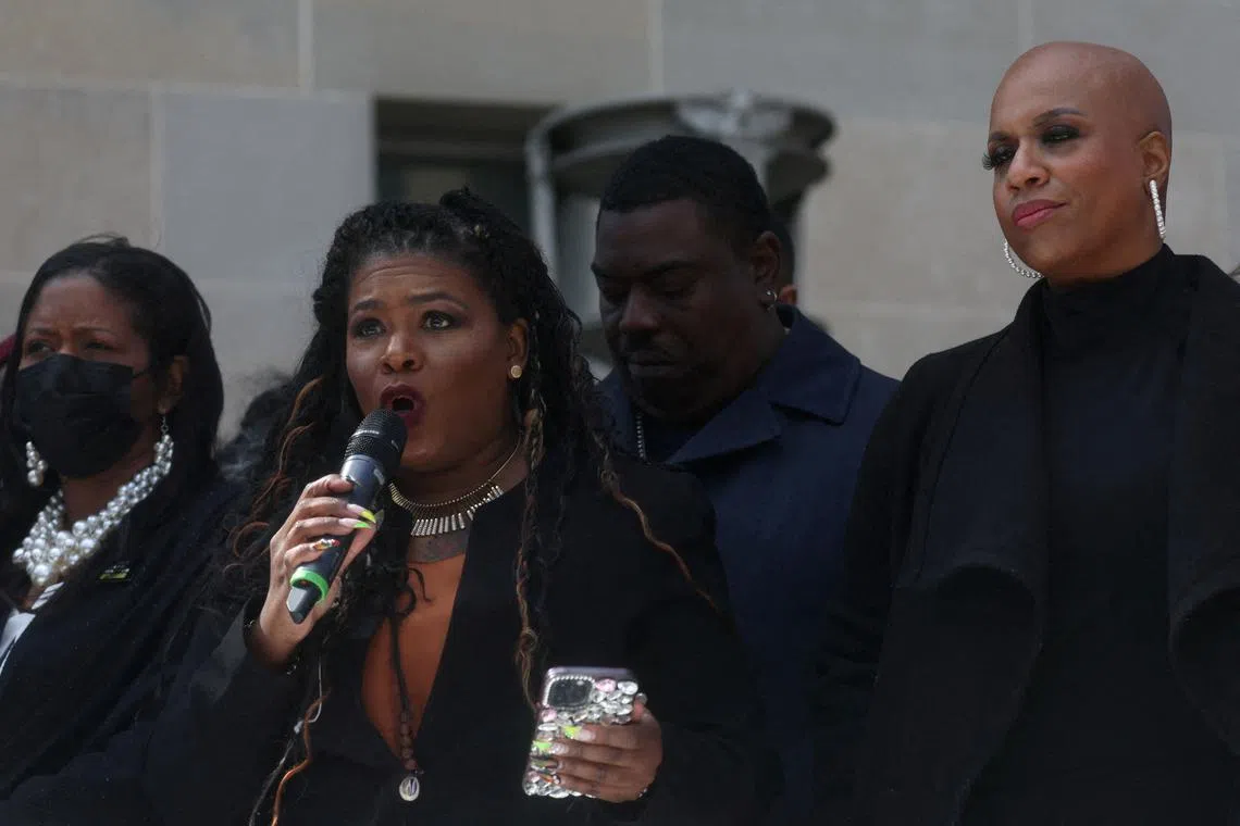 FILE PHOTO: U.S. Rep. Cori Bush (D-MO) rallies with U.S. Rep. Ayanna Pressley (D-MA) outside of the U.S. Department of Justice to call for an end to qualified immunity in Washington, U.S., March 3, 2022. REUTERS/Leah Millis/File Photo