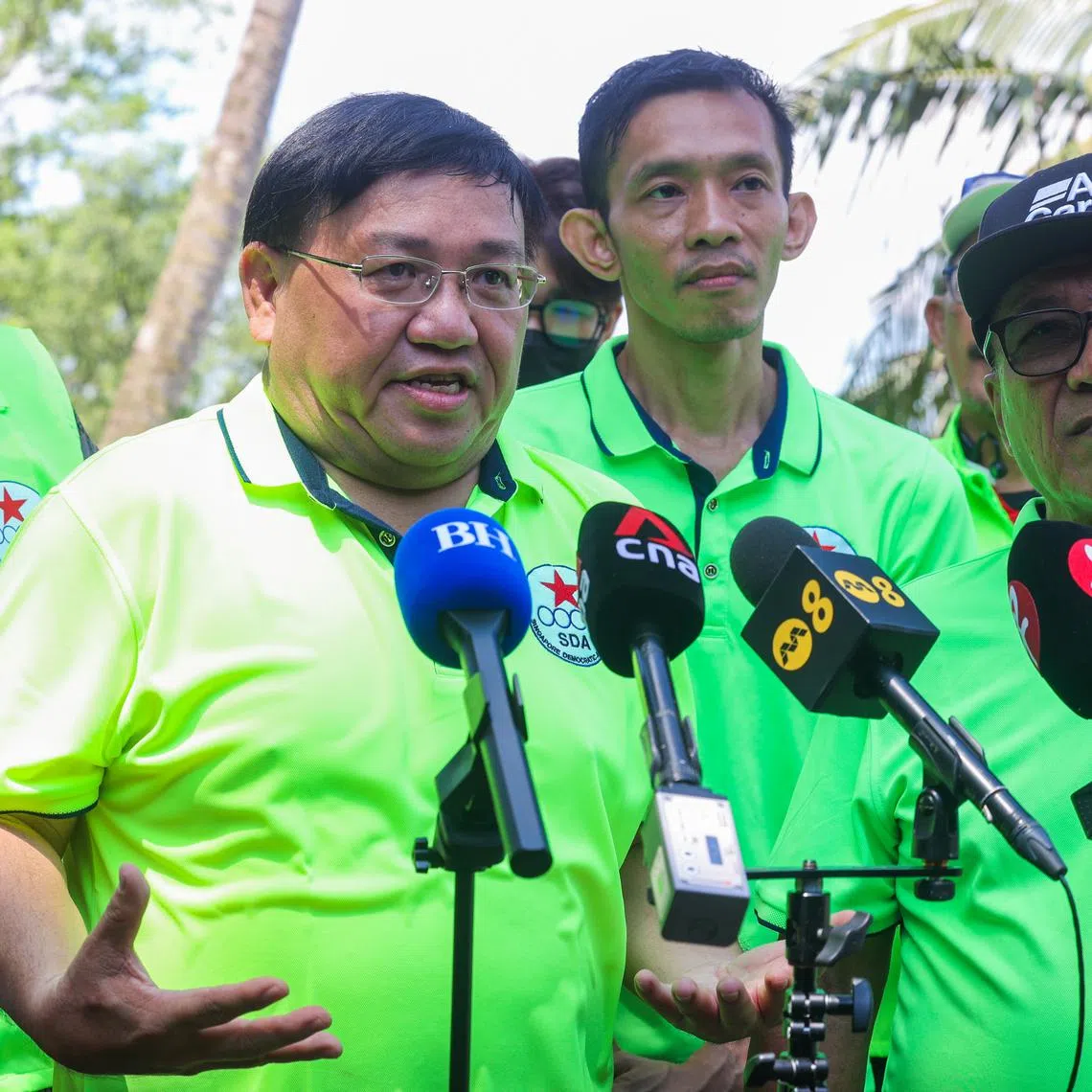 Singapore Democratic Alliance chair Desmond Lim speaking to the media during a doorstop on Pulau Ubin on April 20.