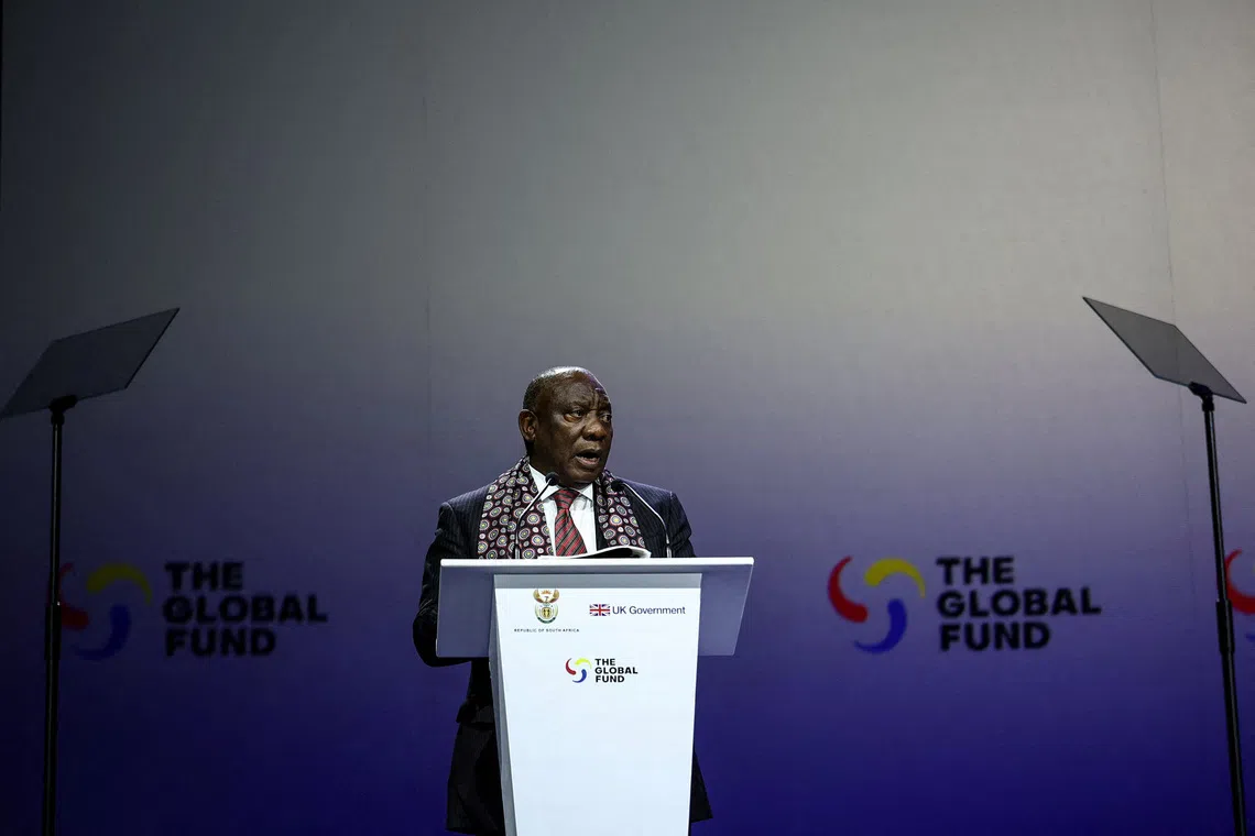 South Africa's President Cyril Ramaphosa speaks during the Global Fund’s Eighth Replenishment Summit at the Sandton Convention Centre in Sandton on November 21, 2025, ahead of the G20 leaders' Summit.     HENRY NICHOLLS/Pool via REUTERS