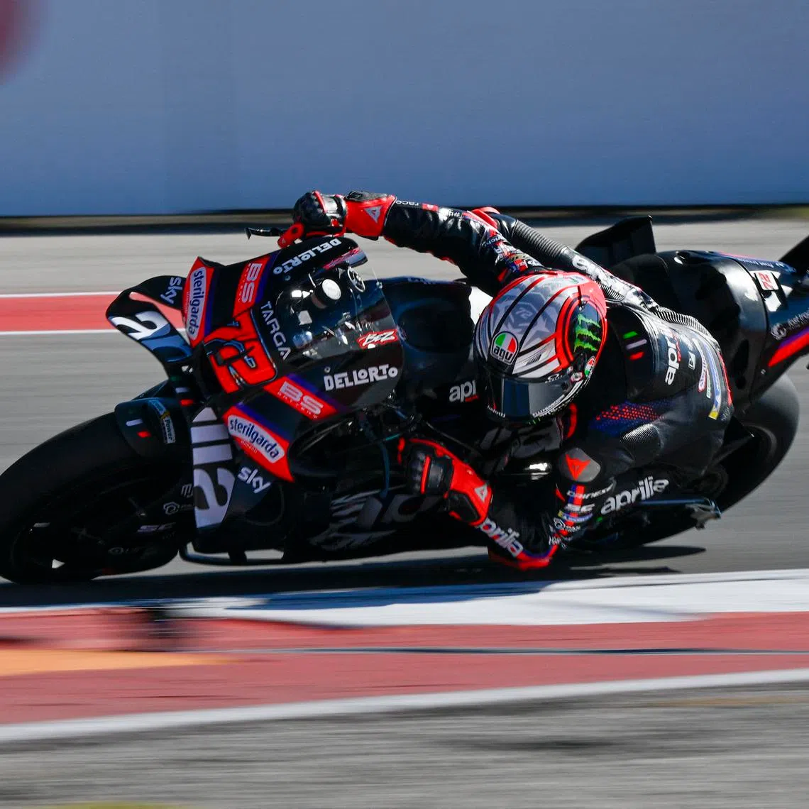 Mar 29, 2026; Austin, TX, USA; Aprilia Racing Team Marco Bezzecchi (72) rides during warmups before the start of the 2026 MotoGP Red Bull Grand Prix of the United States at Circuit of The Americas Austin. Mandatory Credit: Jerome Miron-Imagn Images