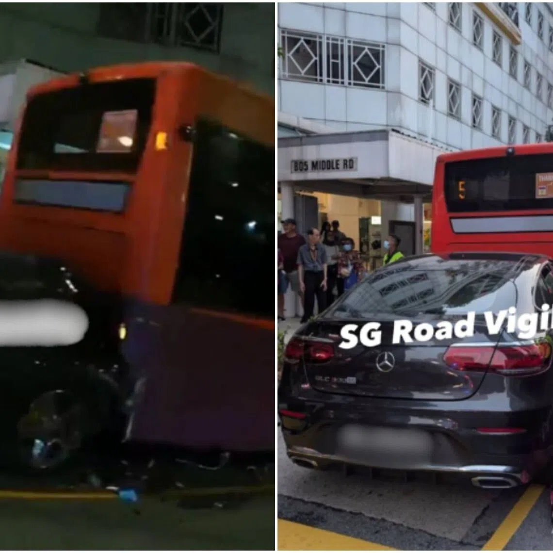 The engine compartment of the bus and the car’s bonnet were badly damaged after the crash.