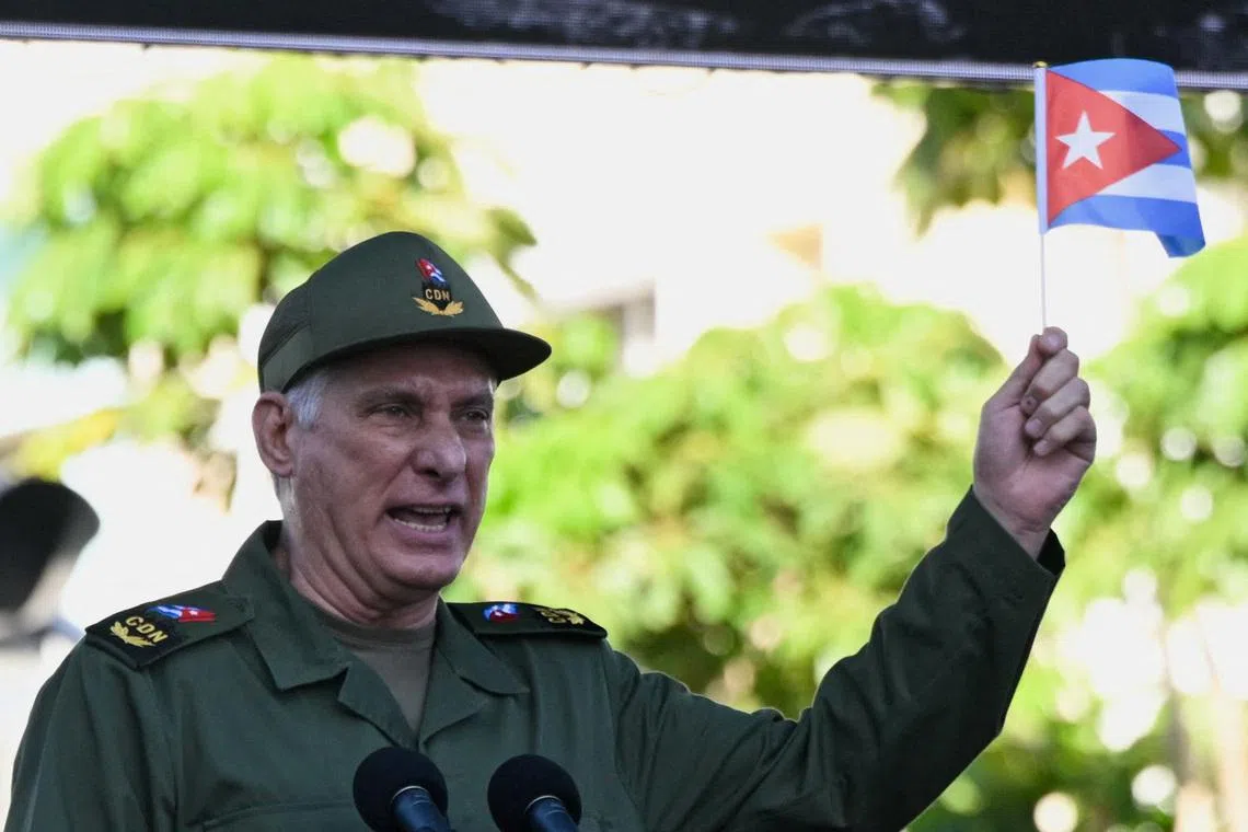 Cuban President Miguel Diaz-Canel speaks during a ceremony to mark the 65th anniversary of the declaration of the socialist character of the Cuban Revolution in Havana, Cuba April 16, 2026. REUTERS/Norlys Perez