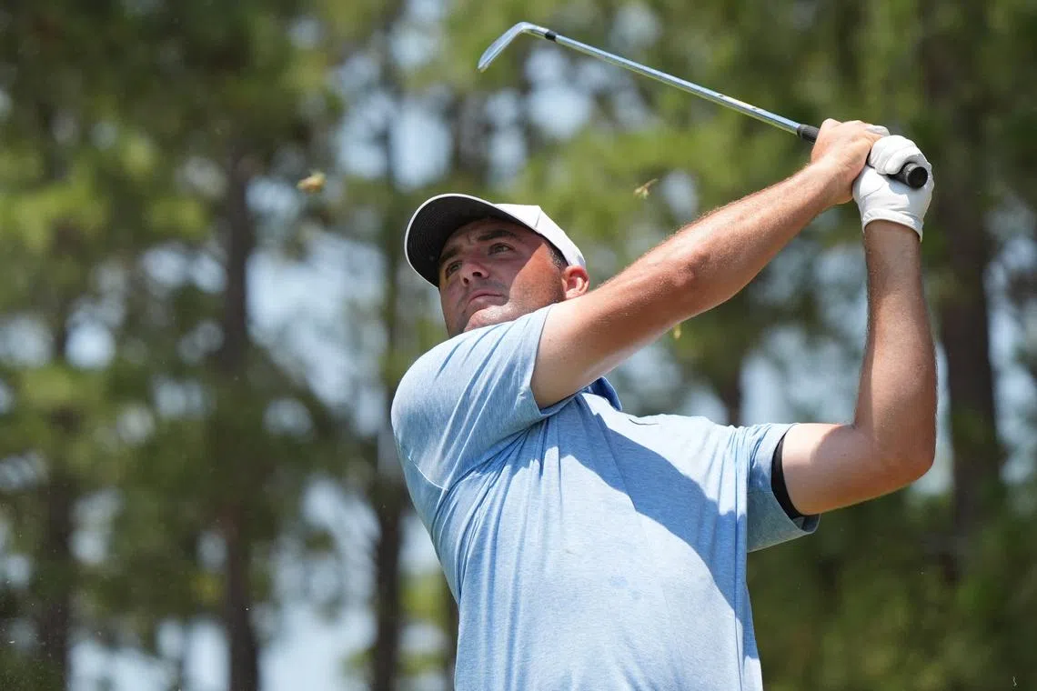 FILE PHOTO: Jun 15, 2024; Pinehurst, North Carolina, USA; Scottie Scheffler tees off on the 17th hole during the third round of the U.S. Open golf tournament. Mandatory Credit: Katie Goodale-USA TODAY Sports/File Photo