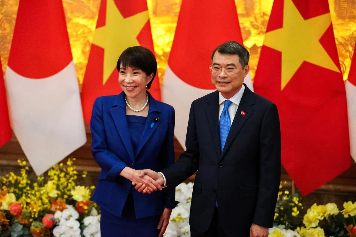 Japan's Prime Minister Sanae Takaichi with Vietnam's Prime Minister Le Minh Hung at a welcome ceremony in Hanoi on May 2.  Japan remains one of Vietnam’s largest foreign investors.