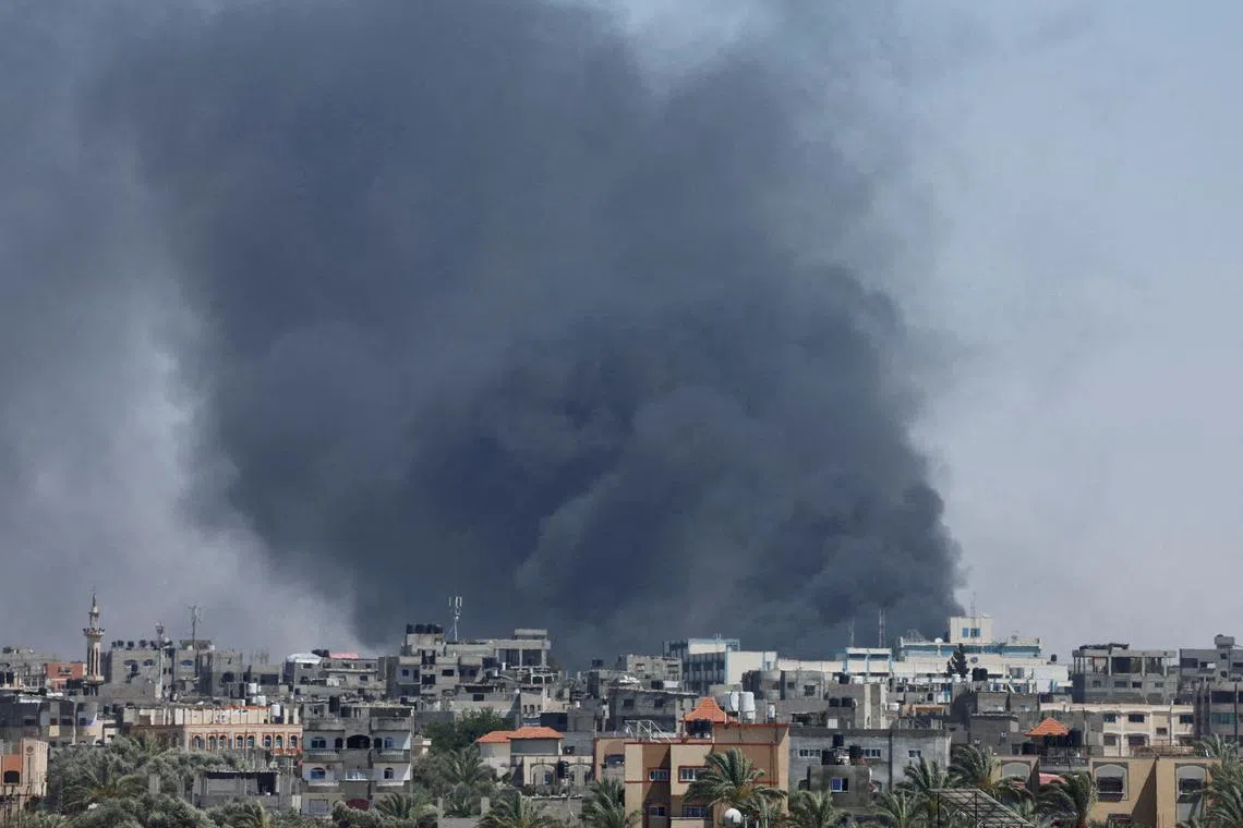 Smoke rises during an Israeli air strike in Rafah, in the southern Gaza Strip, on May 24.