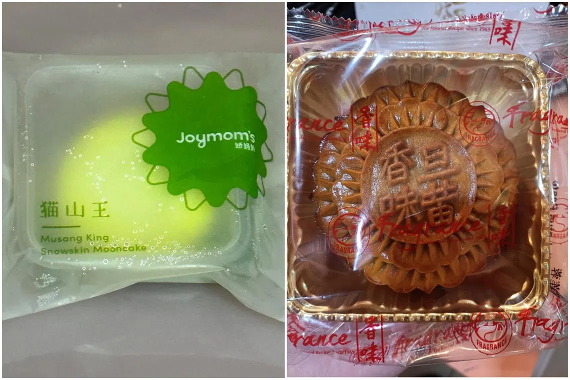 SFA said it had detected S. aureus bacteria in Joymom’s Musang King Snowskin Mooncake (left) and aflatoxins in Fragrance’s Single Yolk Lotus Paste Baked Mooncake.