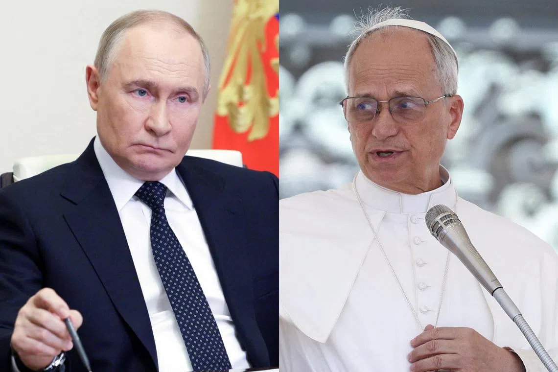 Russian President Vladimir Putin (left) spoke with Pope Leo by phone on June 4.