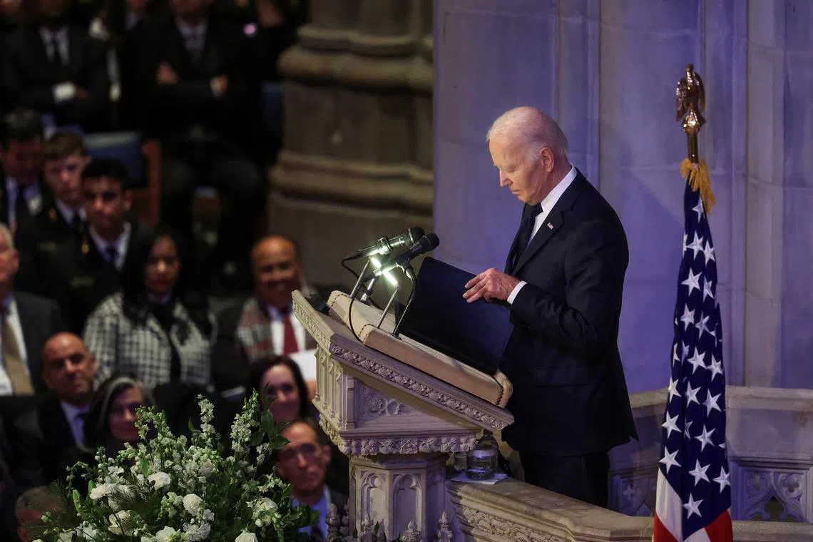 U.S. President  Joe Biden speaks during a service, on the day of the State Funeral for former U.S. President Jimmy Carter, at the Washington National Cathedral in Washington, U.S., January 9, 2025. REUTERS/Brendan Mcdermid