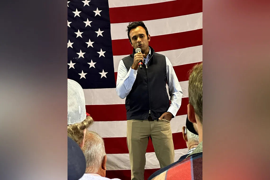 Vivek Ramaswamy, the Republican candidate for governor of Ohio, addresses a town hall on Oct 17 in Monroe County, a working class Republican stronghold in the heart of the Appalachia.