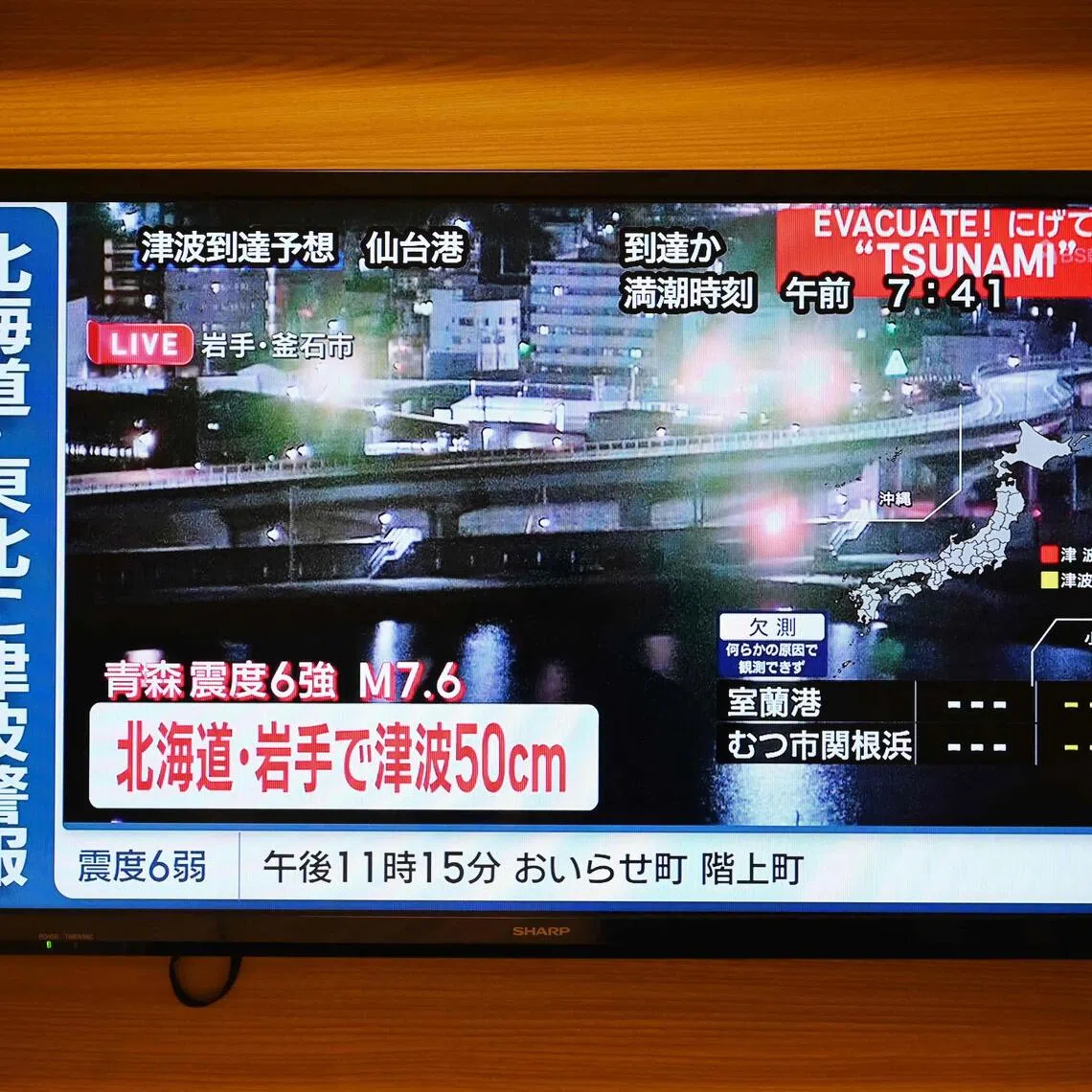 A tsunami warning flashes over live footage of a waterfront area, on a television screen in Sapporo, in Japan’s northern Hokkaido prefecture on Dec 9, 2025.