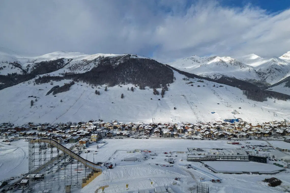 A drone view shows the snow park and the big ski jump, ahead of the 2026 Winter Olympics, in Livigno, Italy, January 9, 2026. REUTERS/Yara Nardi