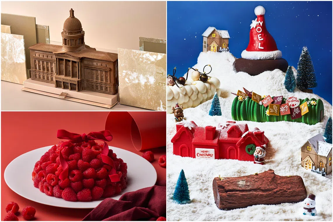 (Clockwise from top left) Noel at the Gallery by Louisa, Orchard Hotel Singapore's festive cake collection and Tarte by Cheryl Koh's Framboisier.