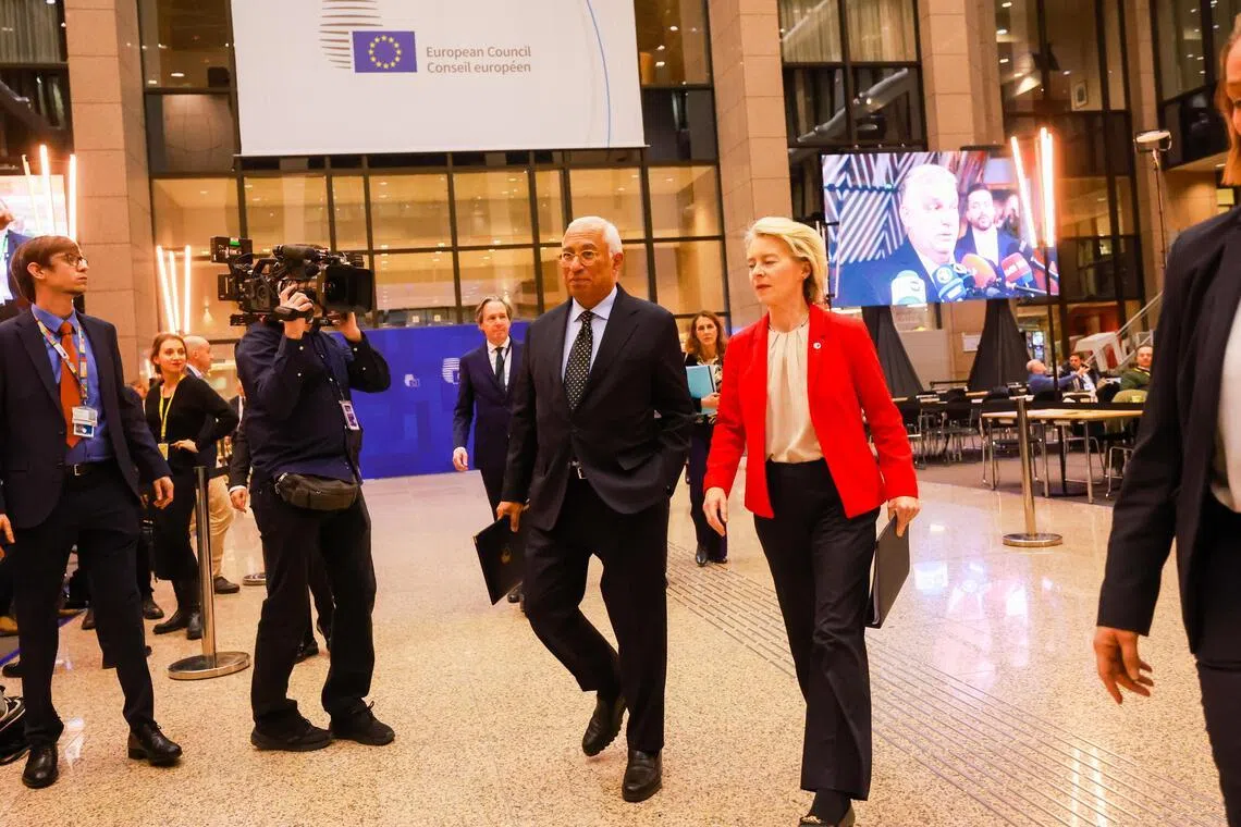 European Council President Antonio Costa (left) and European Commission President Ursula von der Leyen at the end of an informal meeting of the members of the European Council in Brussels.