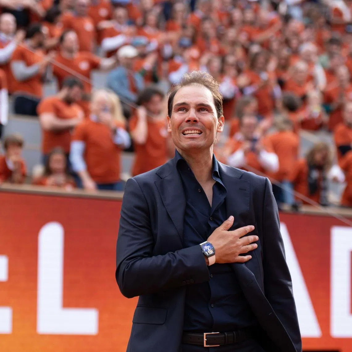 Rafael Nadal of Spain does a final walk around the court during the presentation ceremony paying tribute to his career on a packed Court Philippe Chatrier Courtday on day one at Roland Garros Stadium, Paris, FR, May 25, 2025. Mandatory Credit: Susan Mullane-Imagn Images