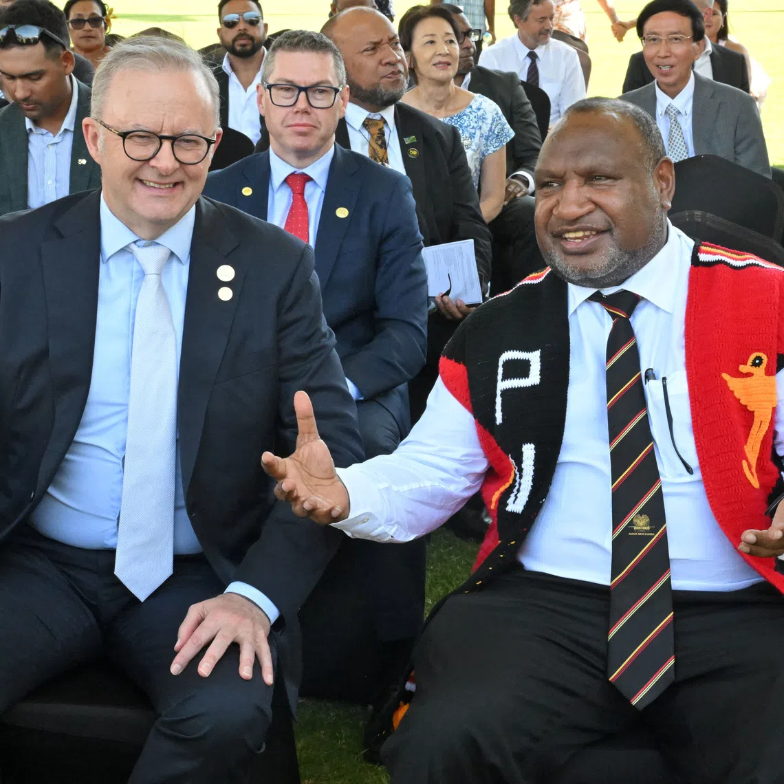 Australia’s Prime Minister Anthony Albanese and Papua New Guinea’s Prime Minister James Marape attend a flag lowering ceremony in Port Moresby, Papua New Guinea, September 16, 2025. AAP/MICK TSIKAS via REUTERS