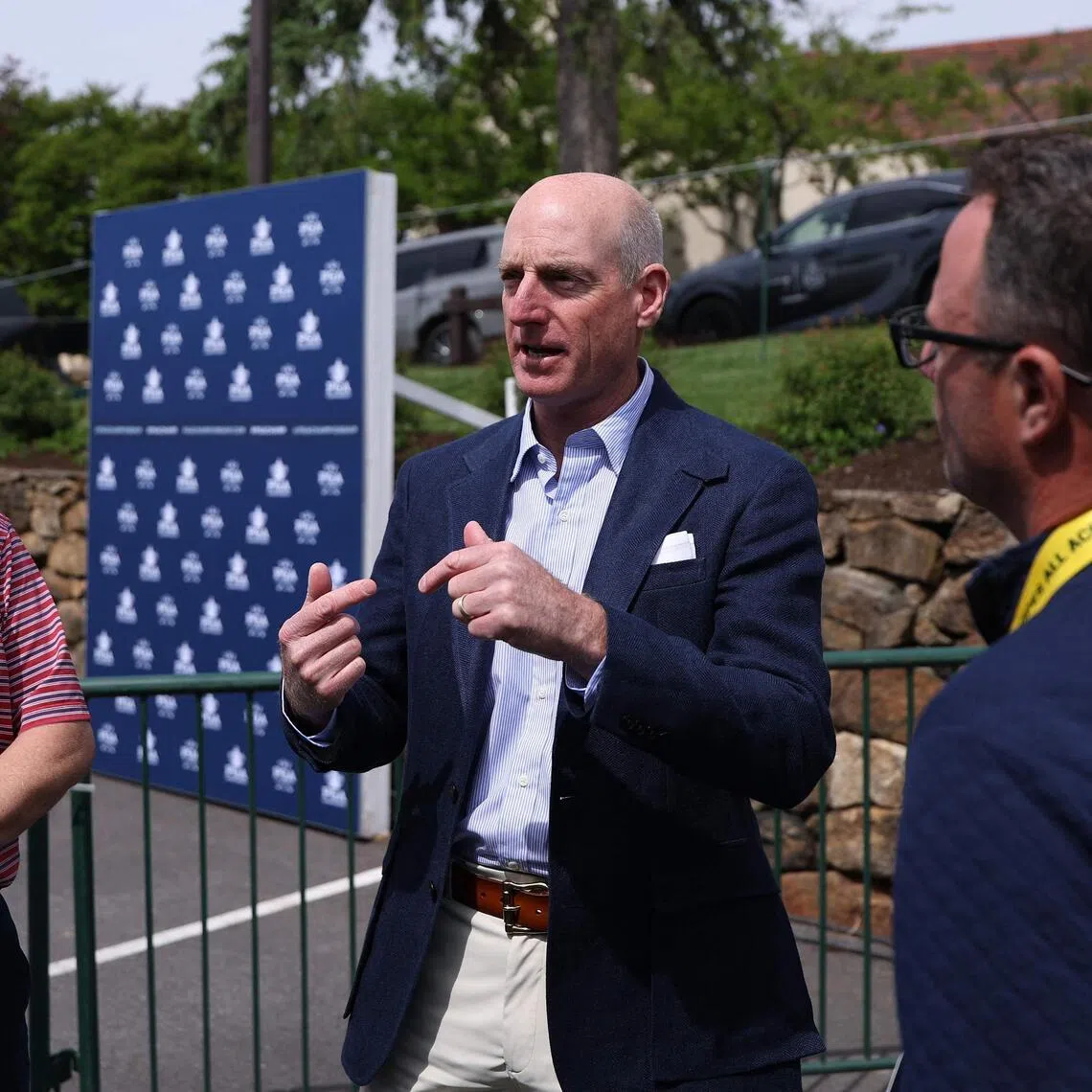 Jim Furyk talks with reporters after a press conference prior to the PGA Championship at Aronimink Golf Club on May 13.