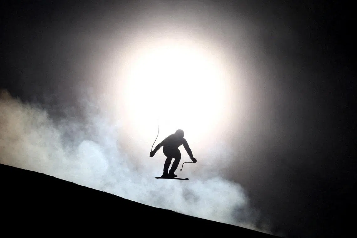 Martin Cater of Slovenia practicing his run during the Milano Cortina 2026 Olympics at the Stelvio Ski Centre in Bormio, Italy on Feb 5, 2026.