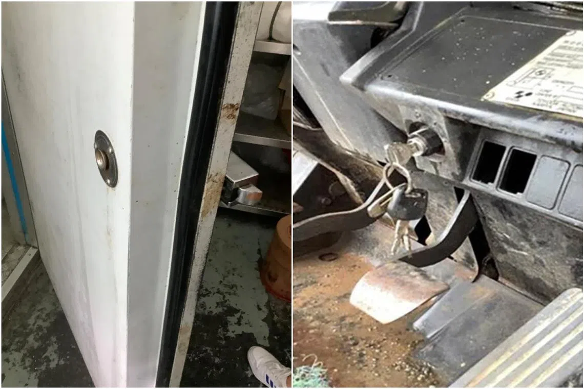 A missing door handle in freezer room (left) and ignition keys left in the forklift.