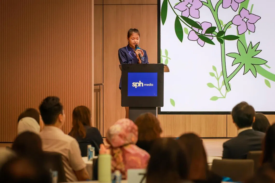 West Spring Primary School student and beneficiary Krystal Lim shares her experience at The Straits Times School Pocket Money Fund annual appreciation day on Oct 2, 2026.
