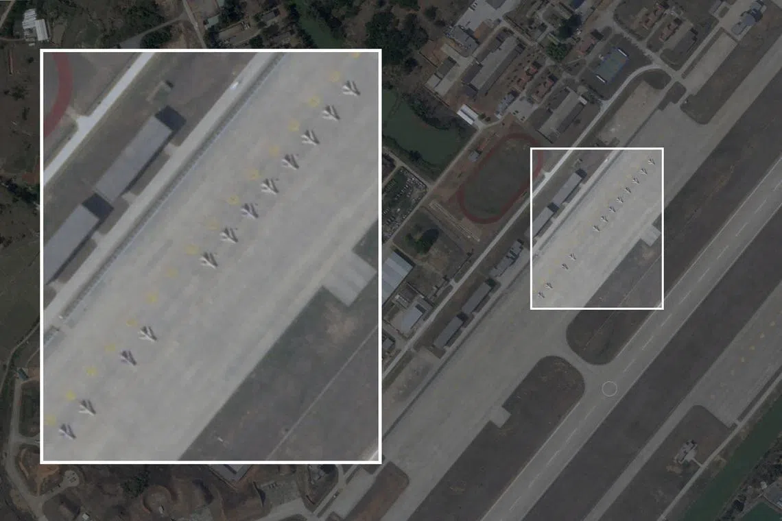 A satellite image shows obsolete Chinese J-6 fighters that have been converted into attack drones, lined up next to the runway at Longtian airbase in China's Fujian Province, March 10, 2026 . PLANET LABS PBC/Handout via REUTERS