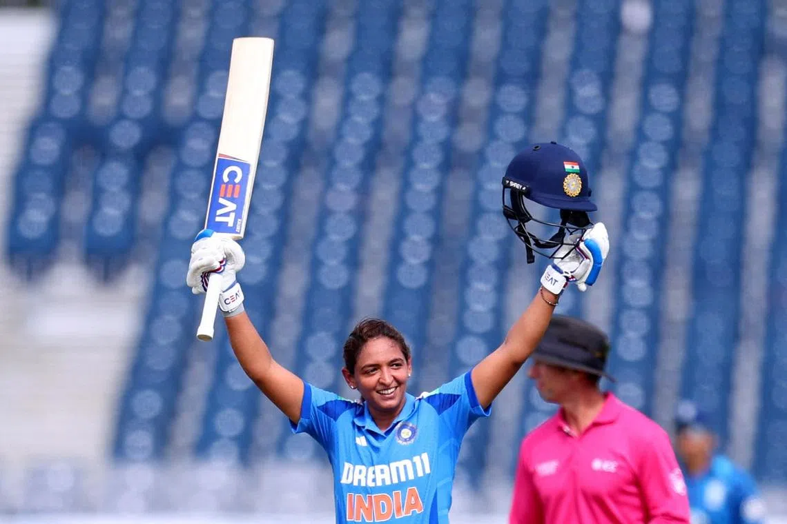 Cricket - Third Women's One Day International - England v India - Riverside Ground, Chester-le-Street, Britain - July 22, 2025 India's Harmanpreet Kaur celebrates after reaching her century Action Images via Reuters/Ed Sykes