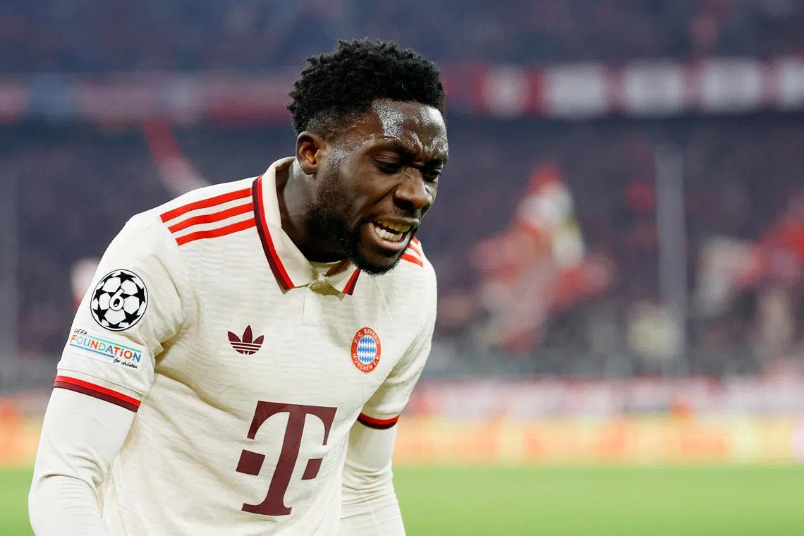 Soccer Football - Champions League - Round of 16 - First Leg - Bayern Munich v Bayer Leverkusen - Allianz Arena, Munich, Germany - March 5, 2025  Bayern Munich's Alphonso Davies reacts REUTERS/Heiko Becker/File Photo