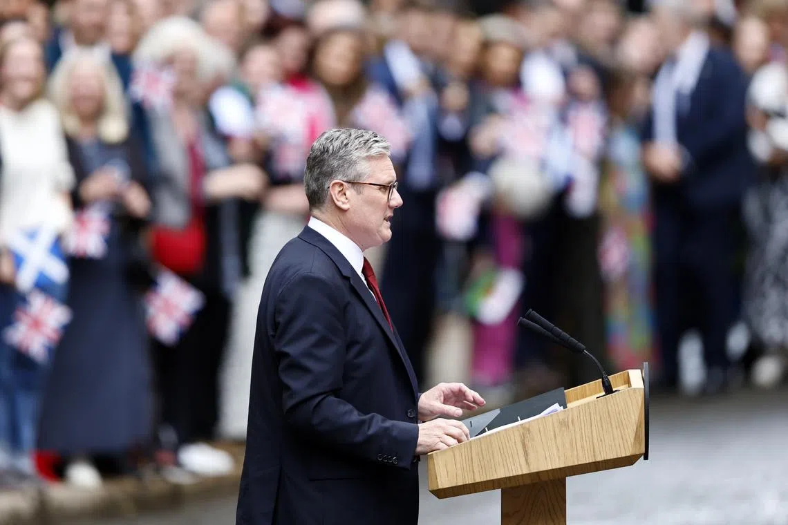 Britain's new Prime Minister Keir Starmer delivers his first speech outside 10 Downing Street in London on July 5, 2024.
