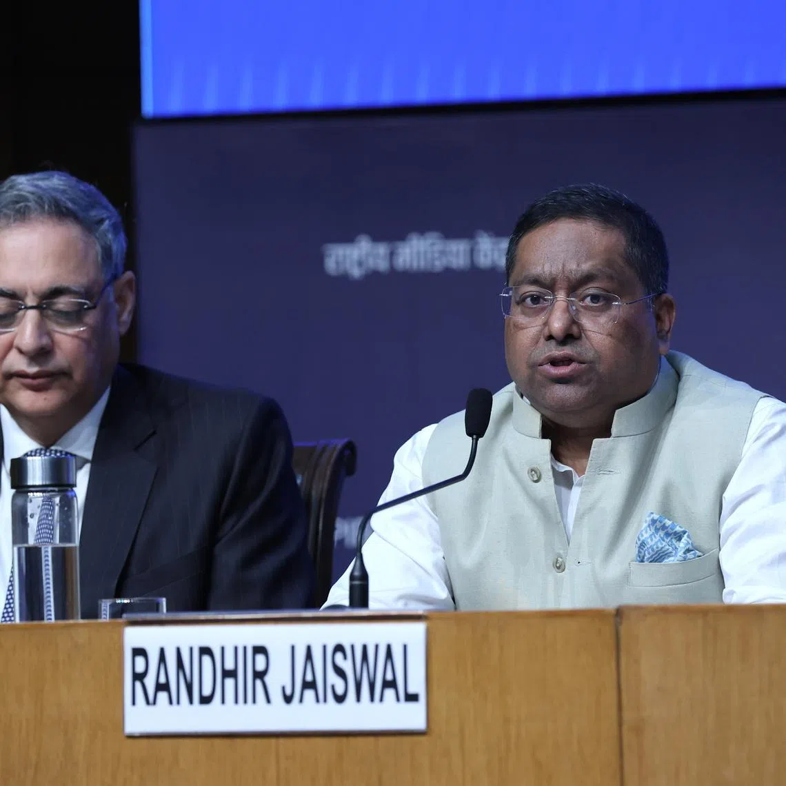 Mr Randhir Jaiswal (right) told a press conference that India has stayed in touch with all major parties in the Middle East to convey its priorities, particularly on energy security.