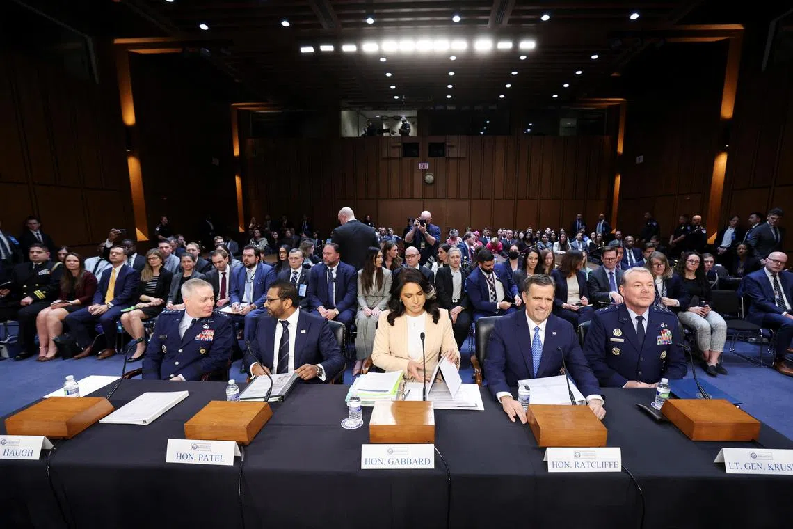 (From left) Director of the National Security Agency Timothy Haugh, FBI director Kash Patel, director of national intelligence Tulsi Gabbard, CIA director John Ratcliffe and director of the Defence Intelligence Agency Jeffrey Kruse testifying on March 25.