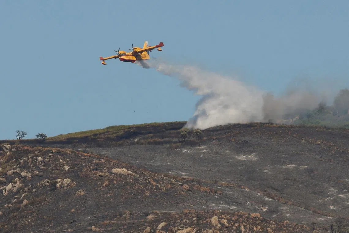 An aircraft makes a water drop over an area burned by a wildfire in the Atlanterra area in Tarifa, Spain, August 12, 2025. REUTERS/Marcelo Del Pozo
