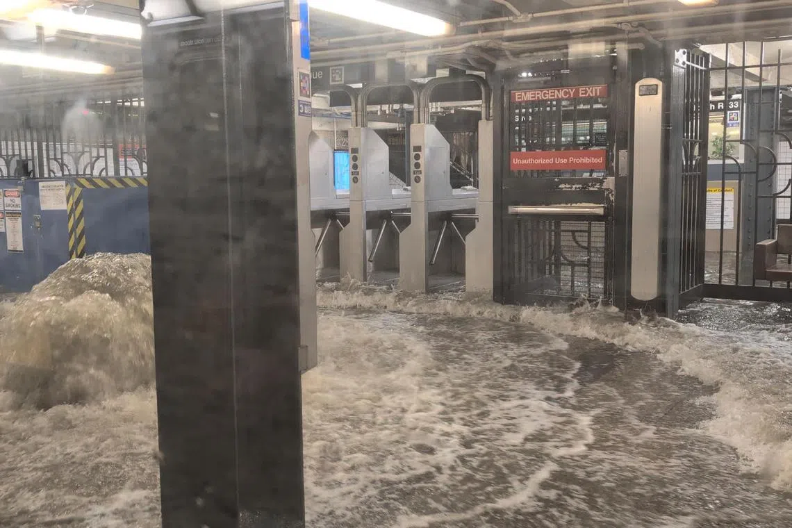 A view shows a flooded subway station in New York, U.S., July 14, 2025, in this screengrab obtained from a social media video. Juan Luis Landaeta/via REUTERS  THIS IMAGE HAS BEEN SUPPLIED BY A THIRD PARTY. MANDATORY CREDIT. NO RESALES. NO ARCHIVES.