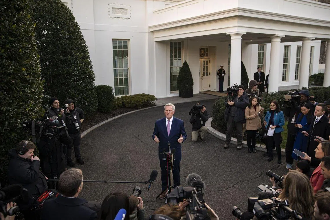 US House Speaker Kevin McCarthy speaks to members of the media after a meeting with US President Joe Biden at the White House in Washington, DC.