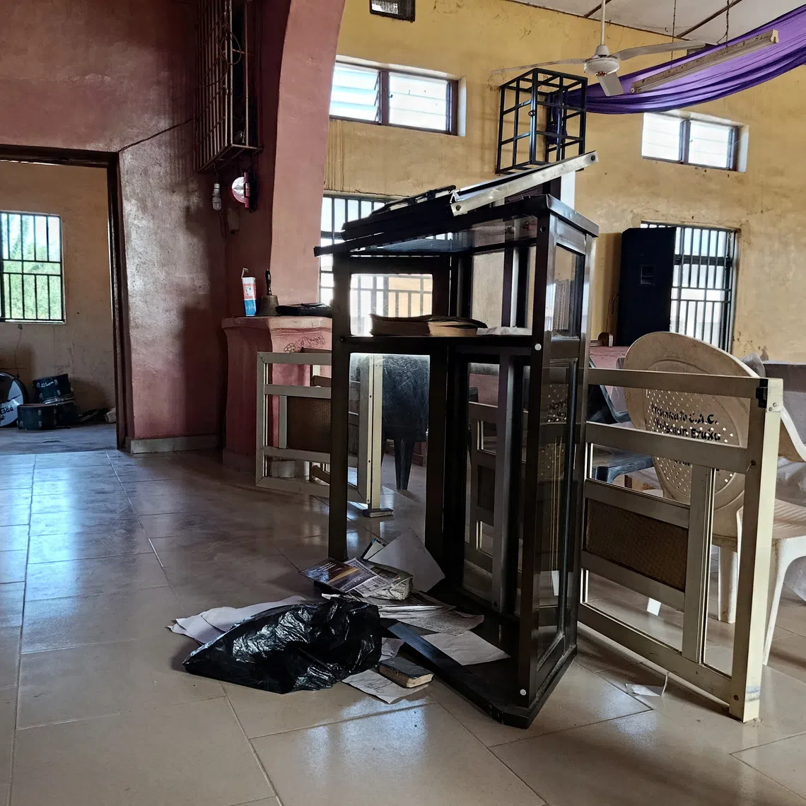 An interior view of the Christ Apostolic Church, the day after an attack by gunmen in which people were killed and the pastor and some worshippers kidnapped, in the town of Eruku, Kwara state, Nigeria, November 19, 2025.   REUTERS/Abdullahi Dare Akogun