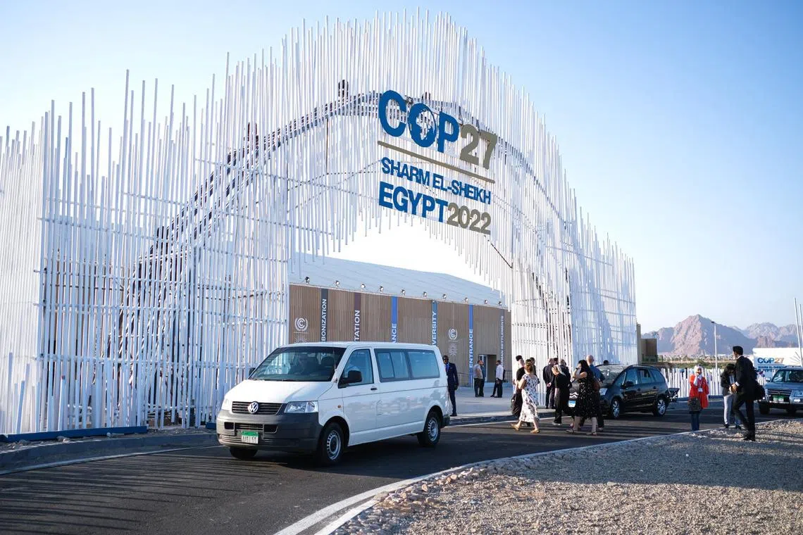 Transportation for attendees at the entrance to the COP27 climate conference in Sharm El-Sheikh, Egypt, on Sunday, Nov. 6, 2022. 
