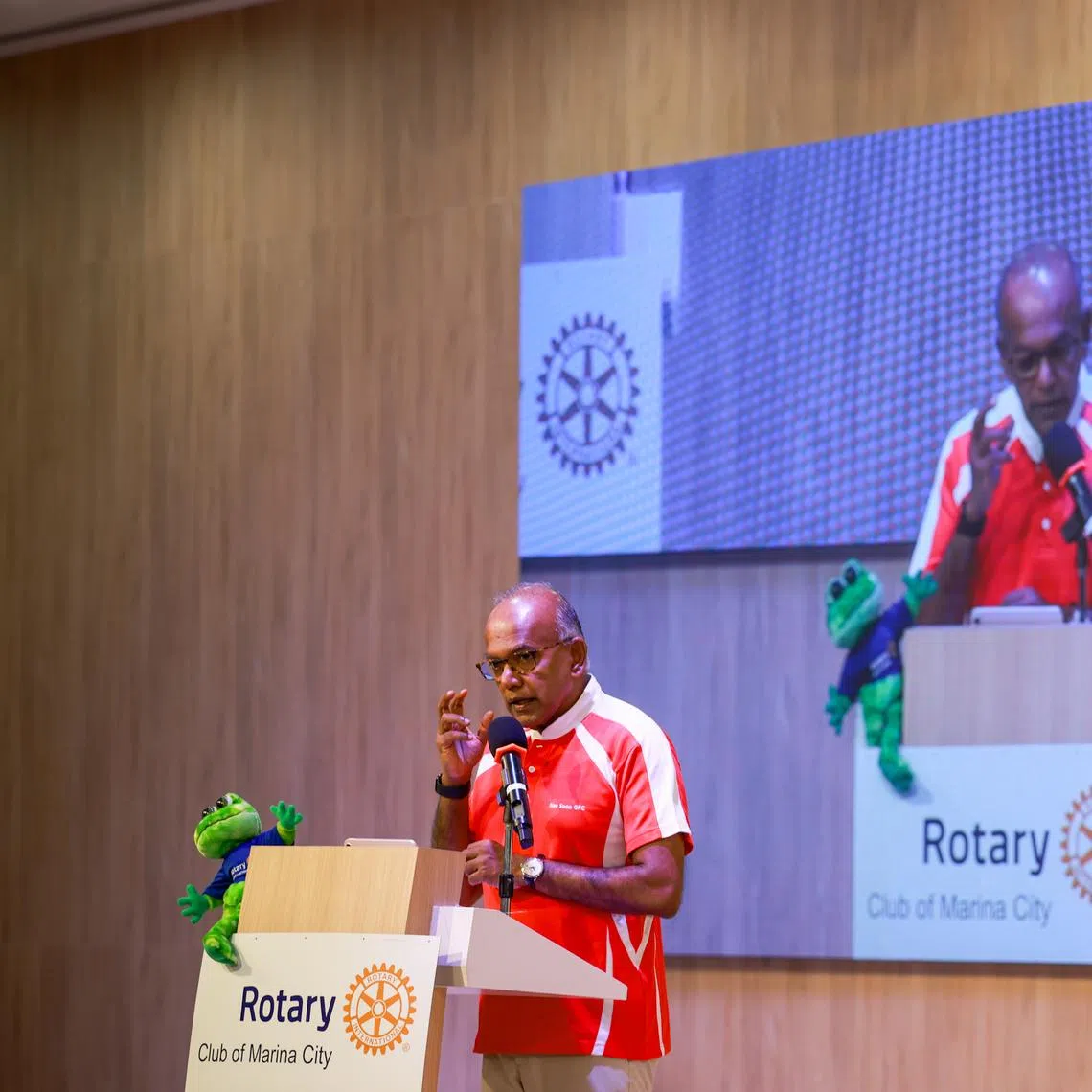 Coordinating Minister for National Security K. Shanmugam speaking at Climate Change Conversations 2026 organised by Rotary Club of Marina City, at Tzu Chi Humanistic Youth Centre on April 18.