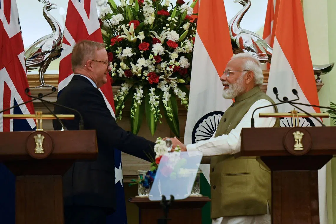 Indian PM Narendra Modi with Australia's PM Anthony Albanese during a joint media briefing in New Delhi, on March 10.