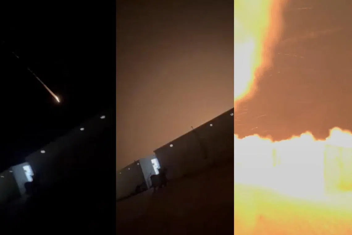 Screenshots from a video circulating online that is said to show an overnight Iranian attack on Muwaffaq Salti Air Base in Jordan.