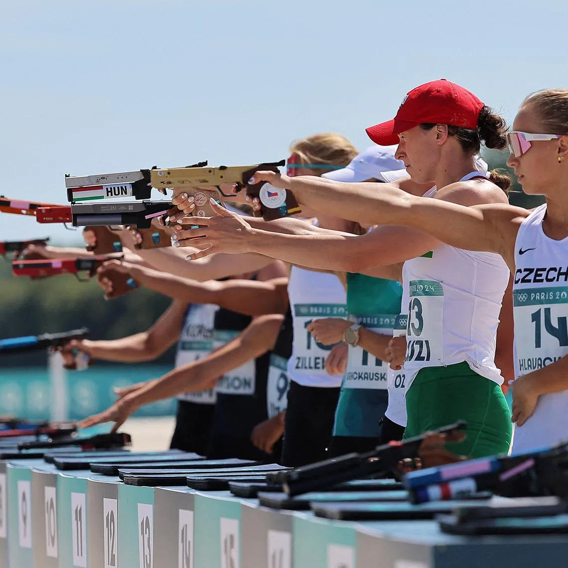 Lucie Hlavackova of Czech Republic and other modern pentathlon competitors in the women's final laser run at the Paris Olympics at Chateau de Versailles on Aug 11, 2024.